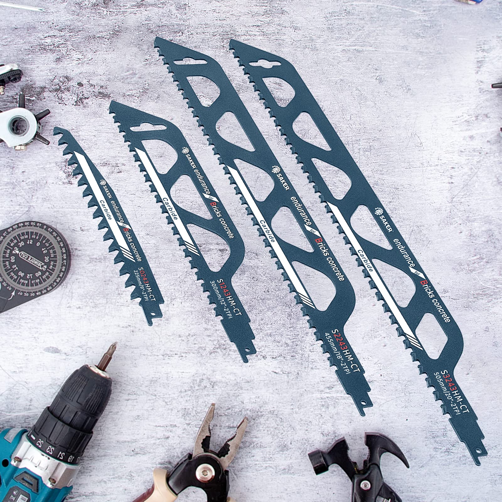Saker Saw Blade-Demolition Masonry Reciprocating Hard Alloy Saw Blades for Cutting Wood, Porous Concrete, Brick Combination Pack(4 PCS), Blue