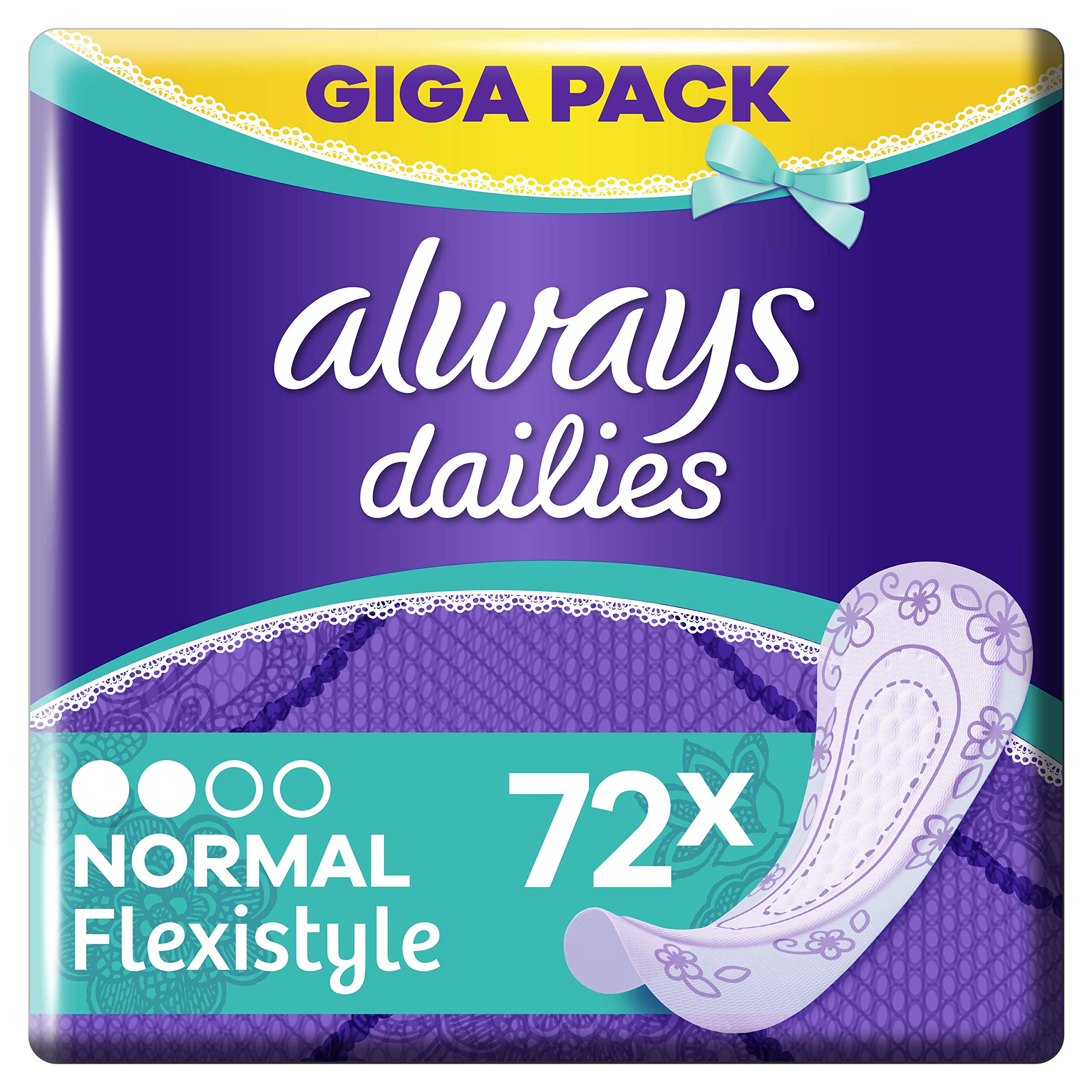 Always Dailies Women's Flexistyle Normal Pantiliners (72 Pads) Giga Pack, Suitable for All Panty Shapes
