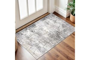 IOHOUZE Small Abstract Area Rug 2x3 Ft Entryway Rugs Washable Door Mat Indoor Entrance, Rubber Backed Throw Rugs, Printed Faux Wool Non Slip Floor Carpet for Foyer Front Door Sink, Grey Beige