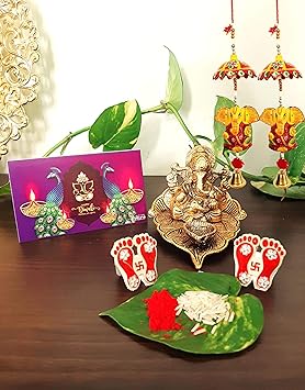 Shilcra Rajasthani Handicrafts Metal God Ganesha with Diya Sitting on Leaf |Diwali Gift Card Combo| Ganesha Hanging Line (Pair) | Laxmi Ji Charan | Roli Chawal for Festivals/Puja/Corporate Gifts