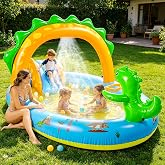 SULIFEEL 2026 Inflatable Dinosaur Play Center Kiddie Pool with Slide | Summer Splashing Baby Blow Up Pools with Sprinkler for Backyard and Garden 96"x59"39"