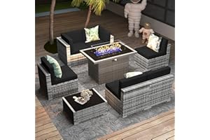 Vakollia 8 Pieces Patio Furniture Set with 44" Propane Gas Fire Pit Table, Outdoor Sectional Wicker Conversation Sofa Sets with Coffee Table
