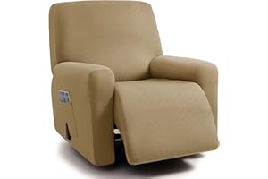 ULTICOR Squared Jacquard Design, 4-Piece, 1 Seat Recliner Cover, Reclining Chair Covers for 1 Cushion Reclining Sofa, Single Seat Recliner Couch Cover, Washable (Recliner Cover, Sand)