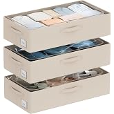 CYhom 3Pcs Under Bed Storage Bins with Metal Frame - Shoe Organizer for Closet with Clear Cover Oxford Fabric Sturdy Underbed Container Foldable Stackable Clothes Organizer (Beige, 23.5x11.8x6.3)