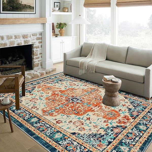 U’ARTLINES BOHO VINTAGE AREA RUG 5X7 MACHINE WASHABLE LOW PILE SOFT FLOOR CARPET NON SLIP NON SHEDDING ACCENT RUG FOR LIVING ROOM BEDROOM ENTRYWAY DINING ROOM OFFICE ORANGE/MULTI