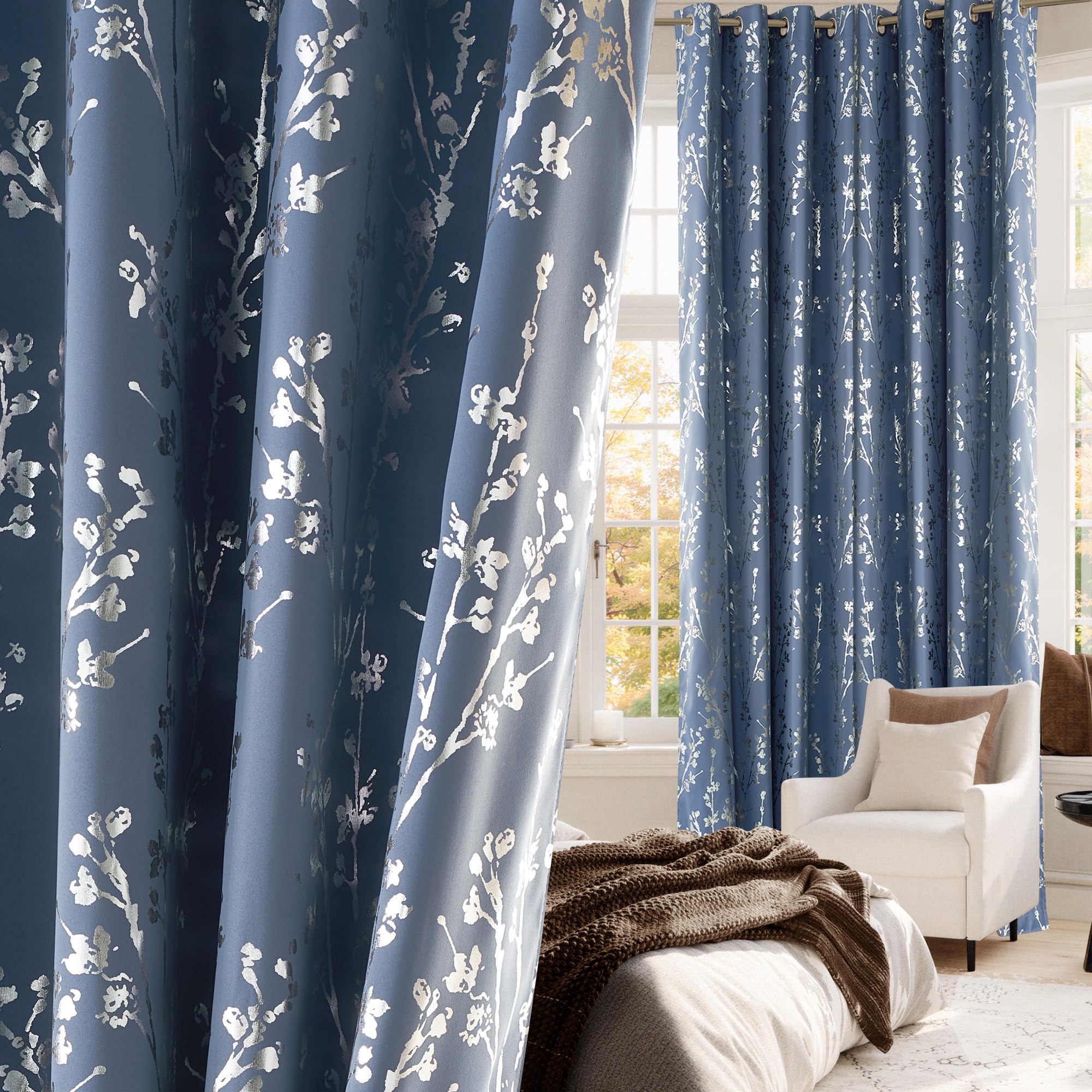 NICETOWN 100% Blackout Curtains 96 inches Long for Bedroom, Grommet 100% Blackout Floral Curtains Branch Pattern Window Treatment Thermal Curtains for Living Room, W52 x L96, 2 Panels Image