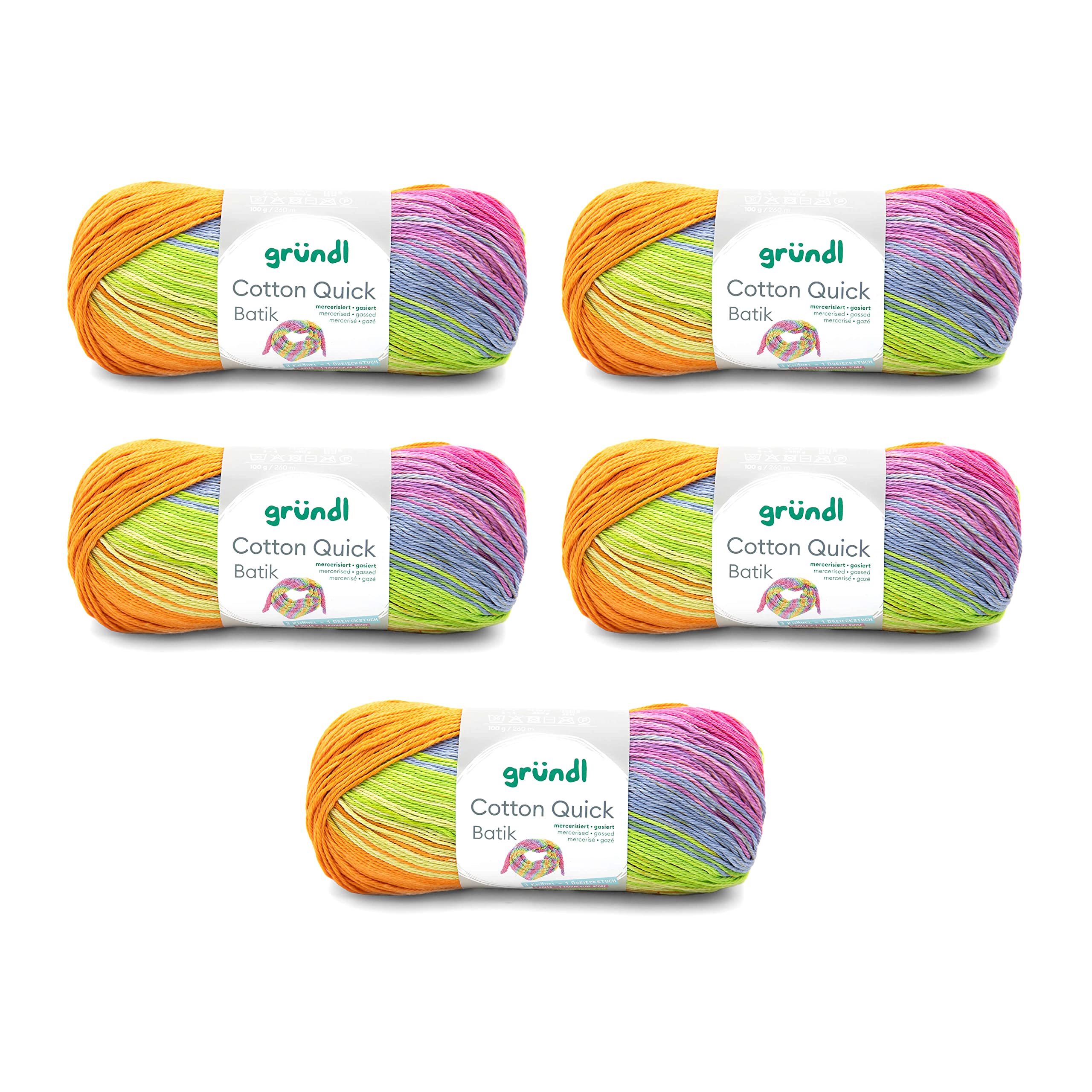 Gründl Cotton Quick Batik Knitting Yarn/Crochet Yarn (Yarn with Colour Gradient 100% Cotton, Oeko-Tex Certified, 100 g / 260 m, Needle Size: 3-4, 5 x 100 g), Orange/Green/Blue/Purple