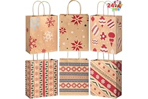 JOYIN 24 PCS Christmas Kraft Gift Bags for Present Wrapping, Holiday Paper Goody Gift Treat Candy Bags for Xmas Decor Supplies Classrooms Wedding and Party Favors (9" x 7.3" x 3.3")