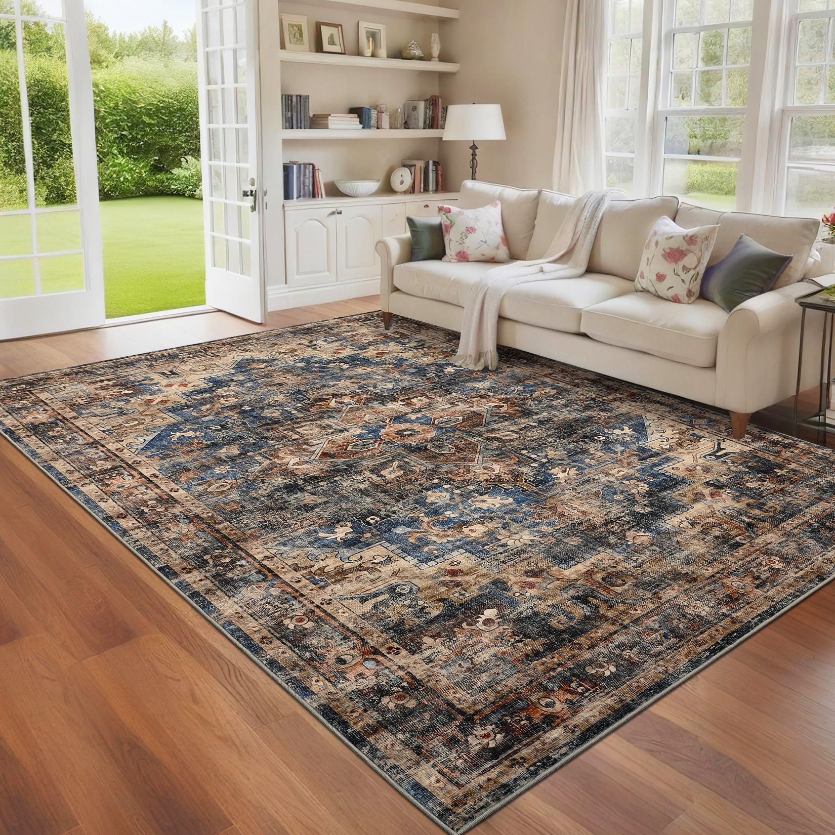 Photo 1 of GarveeHome 4x6 Washable Vintage Living Room Area Rug: Vintage Machine Washable Area Rug for Living Room Indoor Large Non-Slip Bedroom Carpet Low Pile Stain Resistant Dining Room Carpet Blue&Brown