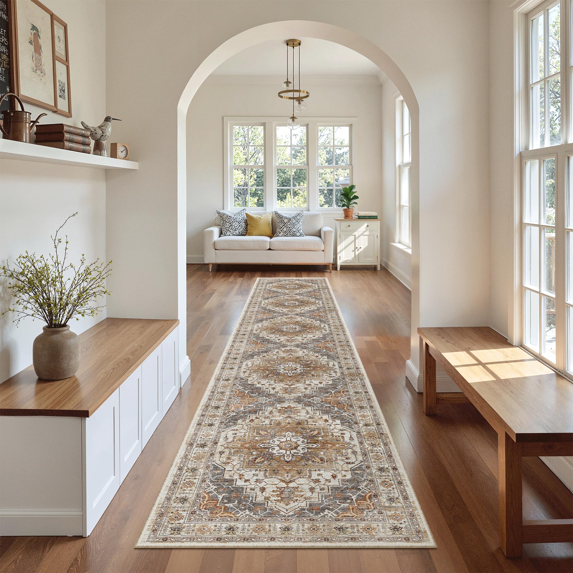 Madane Washable Runner Rugs 2x12 Long for Hallway Kitchen, Turmeric/Grey