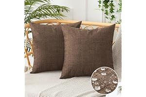 UGS UGASA UGASA Outdoor Throw Pillow Covers Pack of 2 Plaid Texture Waterproof Farmhouse Linen Decorative Square Cushion Pillows Covers for Patio Porch Outside Yard Garden Bench 18x18 Inch, Brown