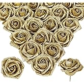 INSUNSIX Gold Glitter Roses 30pcs Gold Roses 2.56" Glitter Flowers Artificial Roses with Stems for Centerpieces Wall Decorations Wedding Ceremony Bridal Shower Table Floral Arrangement (Gold)
