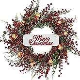 KORSMV 20 inch Christmas Wreaths for Front Door Winter Door Wreath with red Berry,Gold and red Christmas Ball for Front Door Indoor Outdoor Farmhouse Festival Home Decor