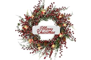 KORSMV 20 inch Christmas Wreaths for Front Door Winter Door Wreath with red Berry,Gold and red Christmas Ball for Front Door Indoor Outdoor Farmhouse Festival Home Decor
