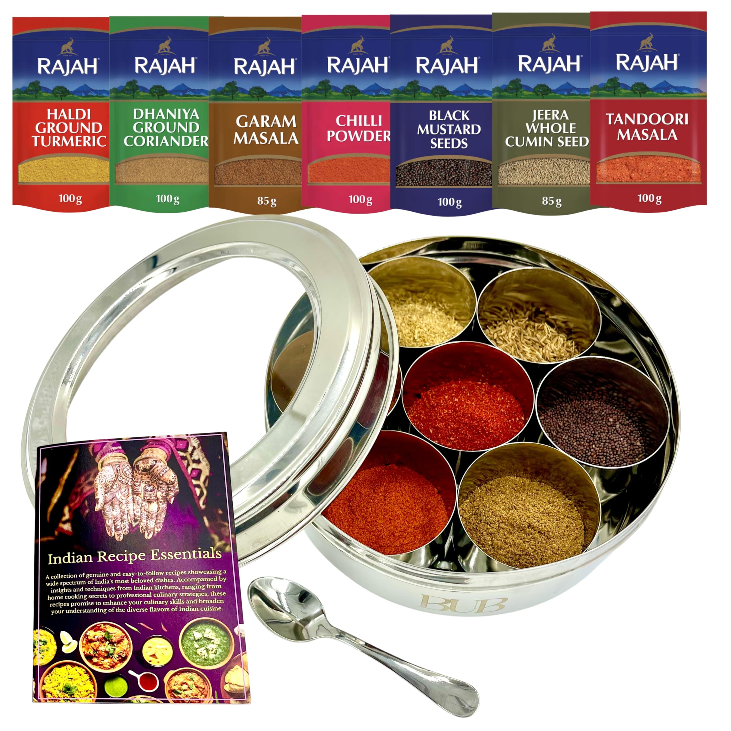 Bub Spice Tin - Masala Dabba 18.5 cm - 7 Pot Stainless‑Steel Spice Box with Lid, Spoon & Recipe Book - Includes 7 Rajah Spices in Resealable Packs – Gift Set (SPICE TIN 7 & SPICE KIT)