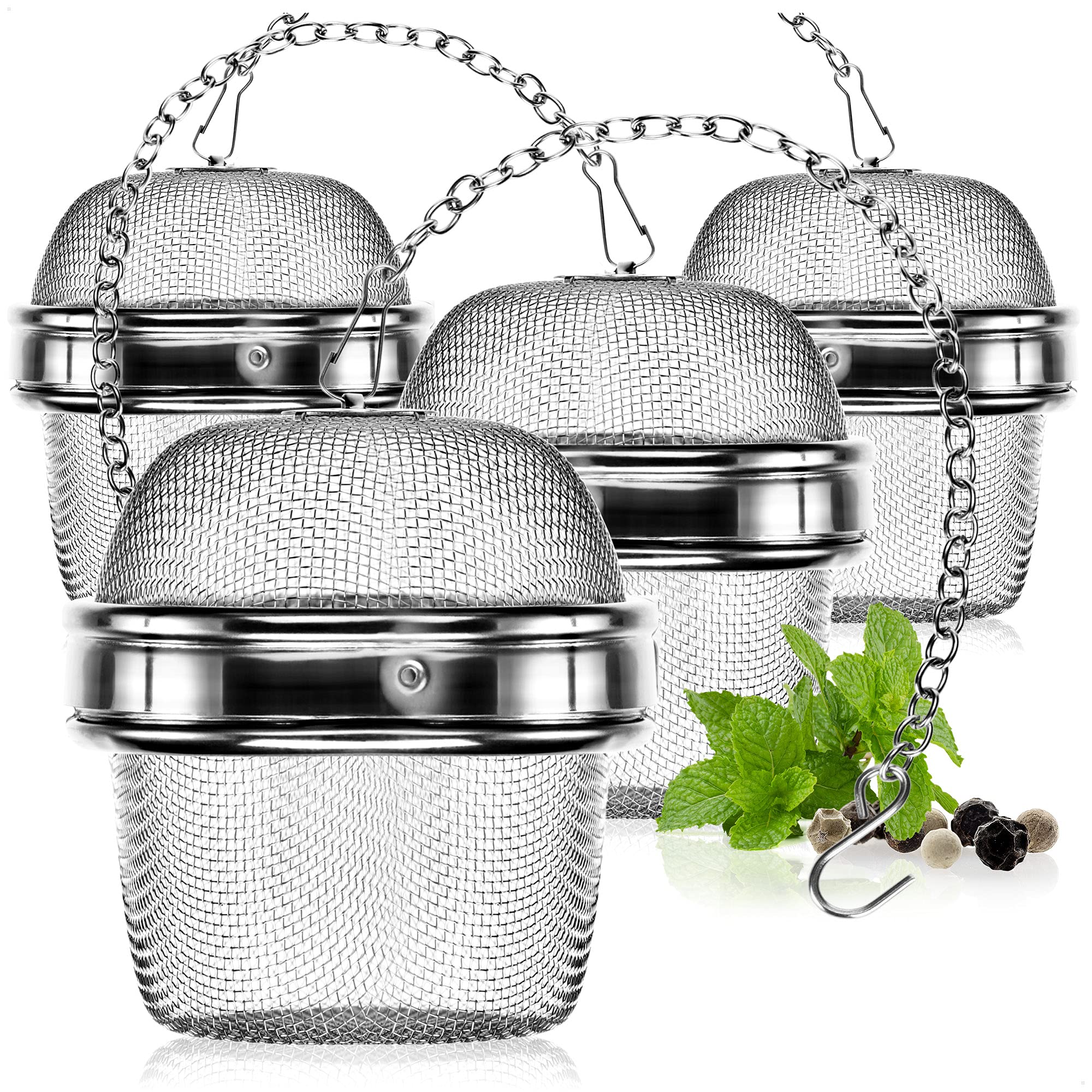 COM-FOUR® 4X Tea Strainer Made of Rust-Proof Stainless Steel 304, Dishwasher-Safe - Tea Egg Ø 6.5 cm for Loose Tea, Spices and Herbs - fine-mesh Tea Filter with Chain - Spice Strainer - herb Strainer