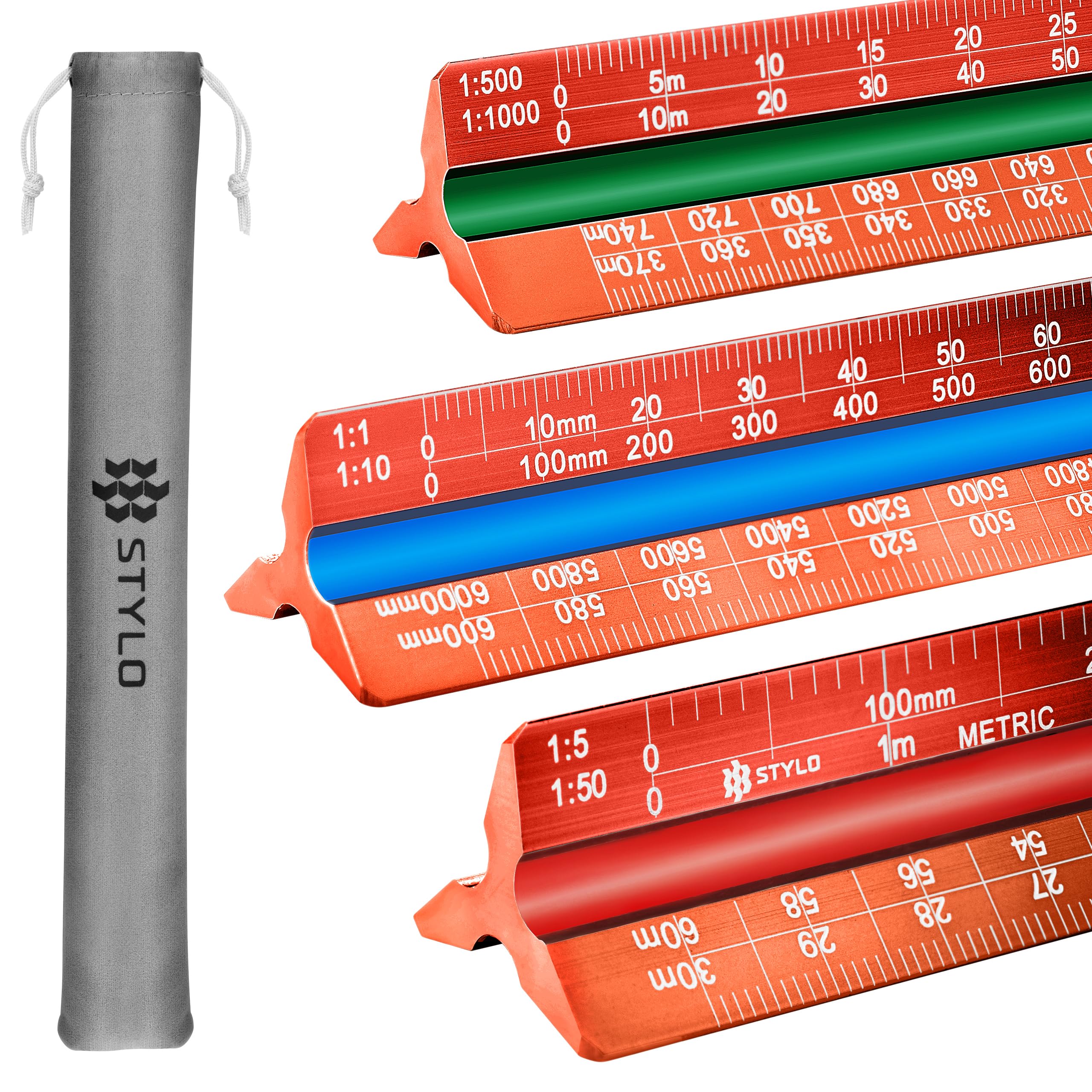 Aluminum Architect Scale Ruler - 30cm Ruler Laser Etched Triangle Drafting Ruler with Colour Coded Grooves for Blueprint, Drafting - Architectural Scale Ruler (Red, Metric Units)
