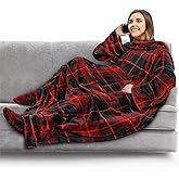 PAVILIA Fleece Blanket with Sleeves, Foot Pockets for Women Men Adults, Plush Wearable Blanket Throw Wrap, Warm Snuggle Blanket Robe, Cozy Gift Ideas Wife Mom, Plaid Red