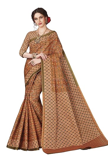 Womens Pure Cotton Printed Saree with Blouse Piece (SKR5628_Brown)