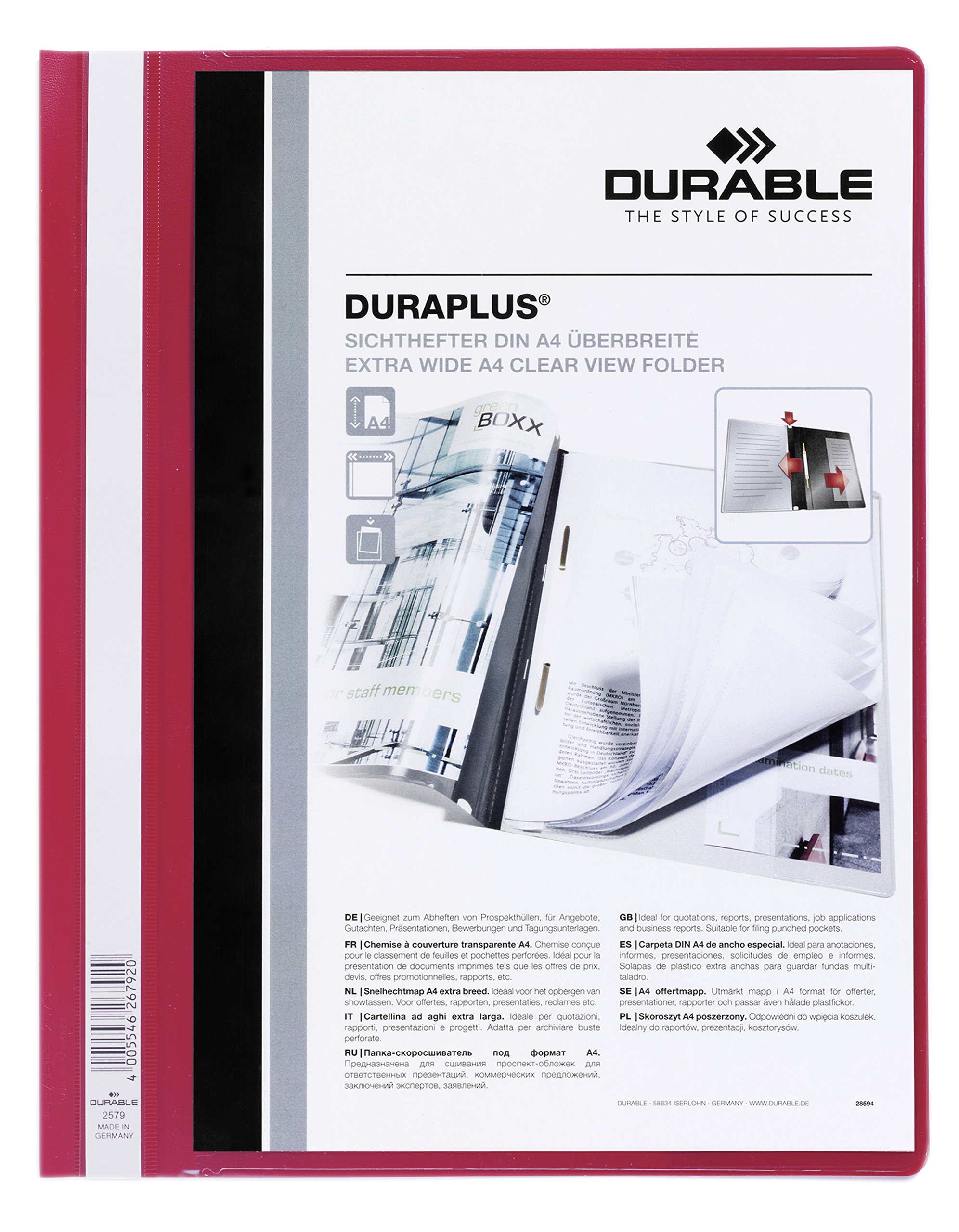 Durable DURAPLUS Presentation Folder - Pack of 25 A4 Red Folders - Ideal for Storing Presentations, Invoices, Quotations, School Work & More