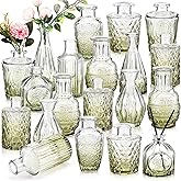 Inbagi 20 Pcs Glass Bud Vase Set - Green Small Flower Vases Bulk, Vintage Embossed Decorative Bottles for Wedding Valentine Home Table Centerpieces Decor