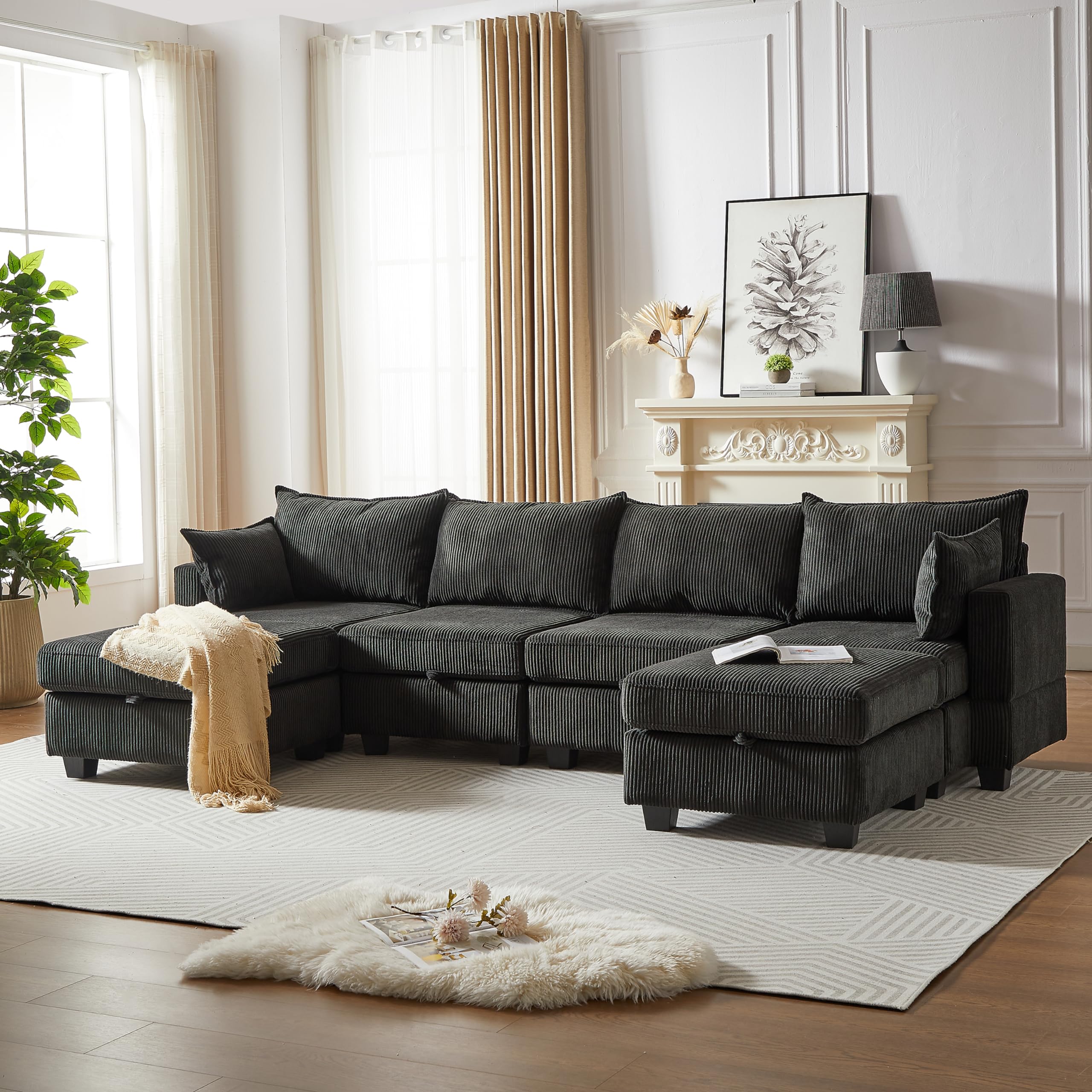 Photo 1 of *** not complete set box 1/3 ***Free Combination Convertible U/L Shaped Storage Modular Sectional Sofa, 6 Seater Oversized Corduroy Upholstered Reversible Corner Sofa Couch with Storage Seat and Movable Ottomans for Living Room