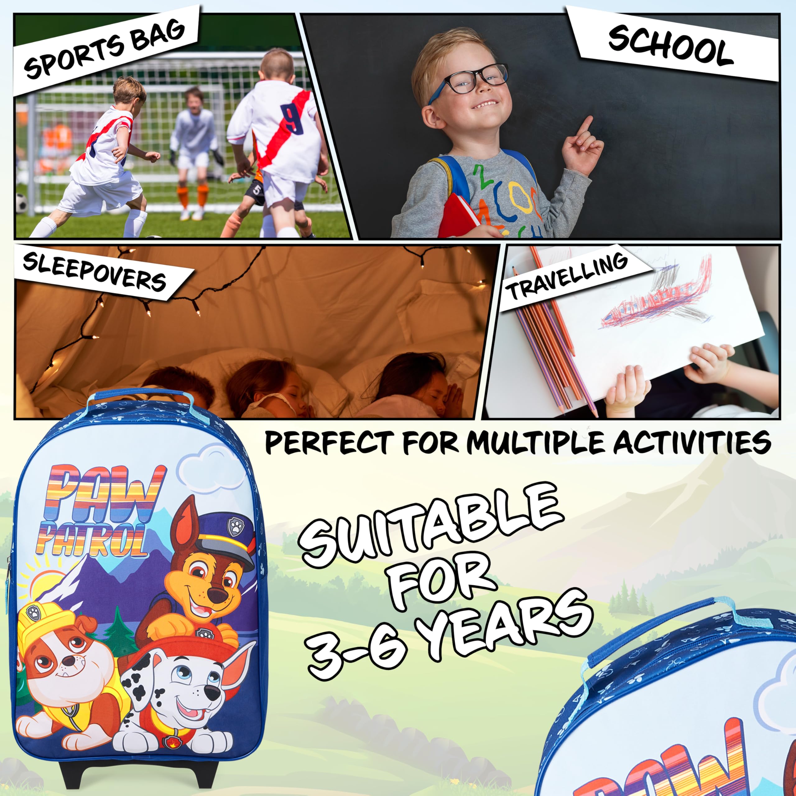 Paw Patrol Carry On Suitcase for Kids Foldable Trolley Hand Luggage Bag Travel Bag with Wheels Cabin Bag Wheeled Bag with Handle Chase Rubble Marshall Trolley Suitcase