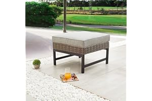 LOKATSE HOME Outdoor Patio Bistro Furniture Ottoman Footstool Rest with Premium Fabric Soft Removable Cushion and Wicker Rattan with Slatted Steel for Garden Yard Lawn Poolside, Grey