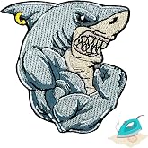 Gym Shark Embroidered Iron On Patch 2.95" x 2.36" | 1-Pack Funny Kids | Iron On Or Sew On Only, Jeans Jackets Backpacks Hoodies, Embroidered Applique, Funny Kids Humor