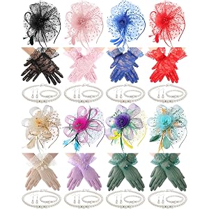 Suncalla 8 Sets Fascinator Hat for Women Tea Party Hat Lace Gloves Pearl Necklace Bracelet Earring for Wedding
