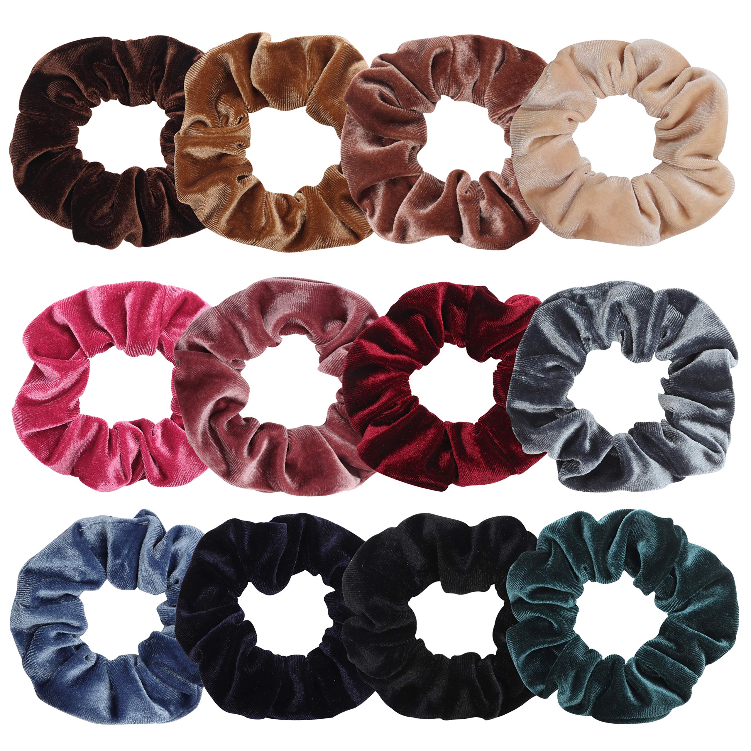 Kurtzy Velvet Hair Scrunchies (12 Pack) - Soft Hair Bobble Bands for Women's Hair Types From Straight, Wavy, Curly, Coily, Long, Short, Thick and Fine - Colourful Elastic Hair Scrunchy Hair Ties