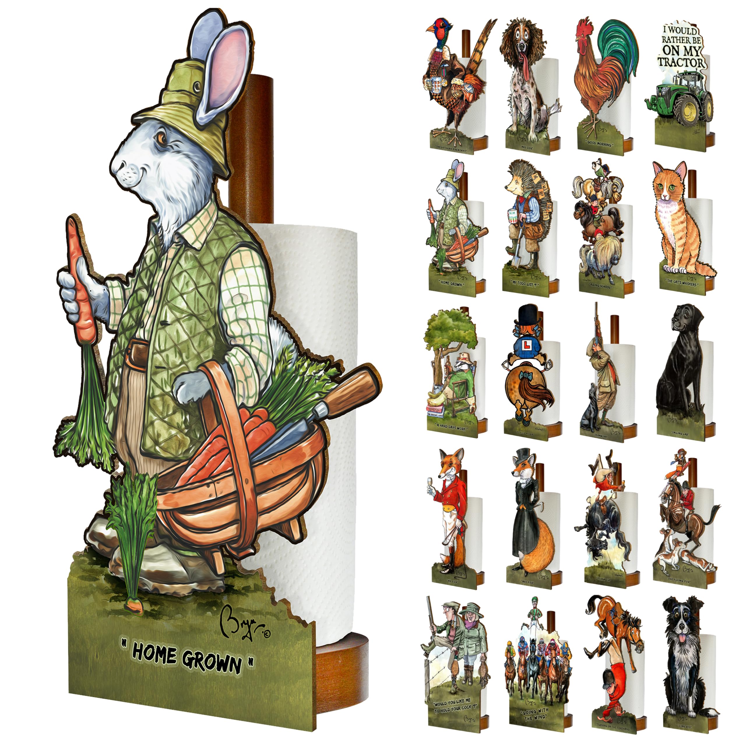 Looprints Fun Toilet Roll Storage & Kitchen Towel Holder Wooden Stand | Bryn Parry Rabbit Art | Novelty Kitchen & Bathroom Decor & Accessories | A Novel Gift Idea For Women & Men Gardening Enthusiasts