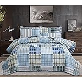Morden Quilt Bedspread Queen Size Set - Plaid Patchwork Bedding Soft Lightweight Reversible Coverlet Blue White Stripe Collection