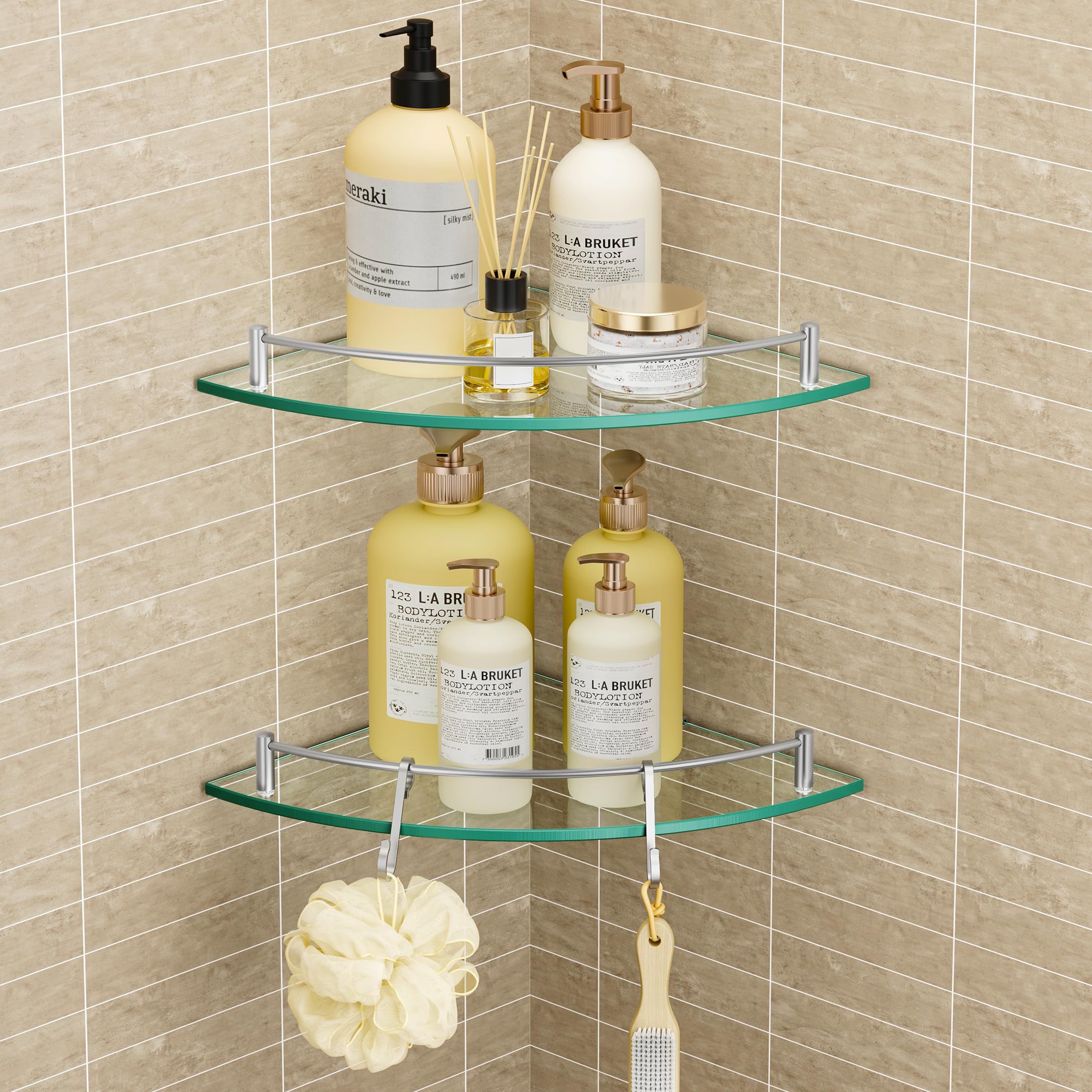 KES Glass Corner Shelf Bathroom Corner Shower Shelf Tempered Glass Shelf with Rail SUS 304 Stainless Steel Wall Mounted Brushed Finish 2 Pack, BGS2101A-2-P2