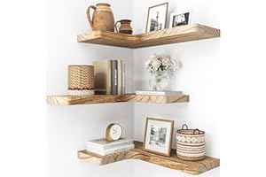 fuqing Floating Corner Shelves, Wall Shelf Set of 3, Shelves for Wall Storage, Solid Wood Shelves for Storage, Wall Mount Wooden Display Shelf for Bathroom Bedroom Kitchen Garage, Carbonized Black