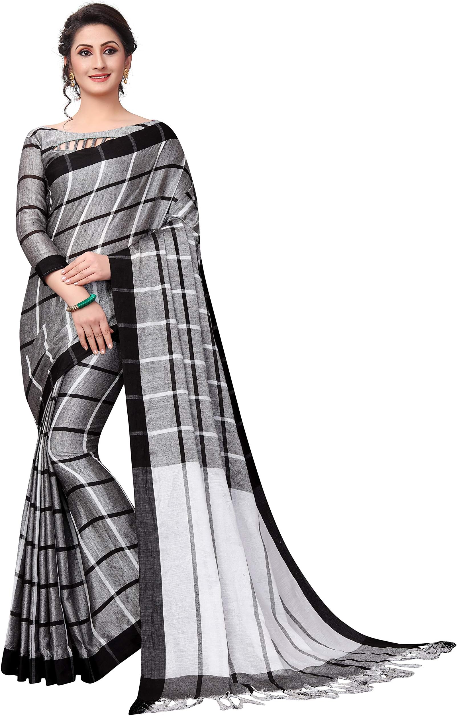 Women`s Linen Juth saree with Blouse Piece(WhitePalluVariation1)
