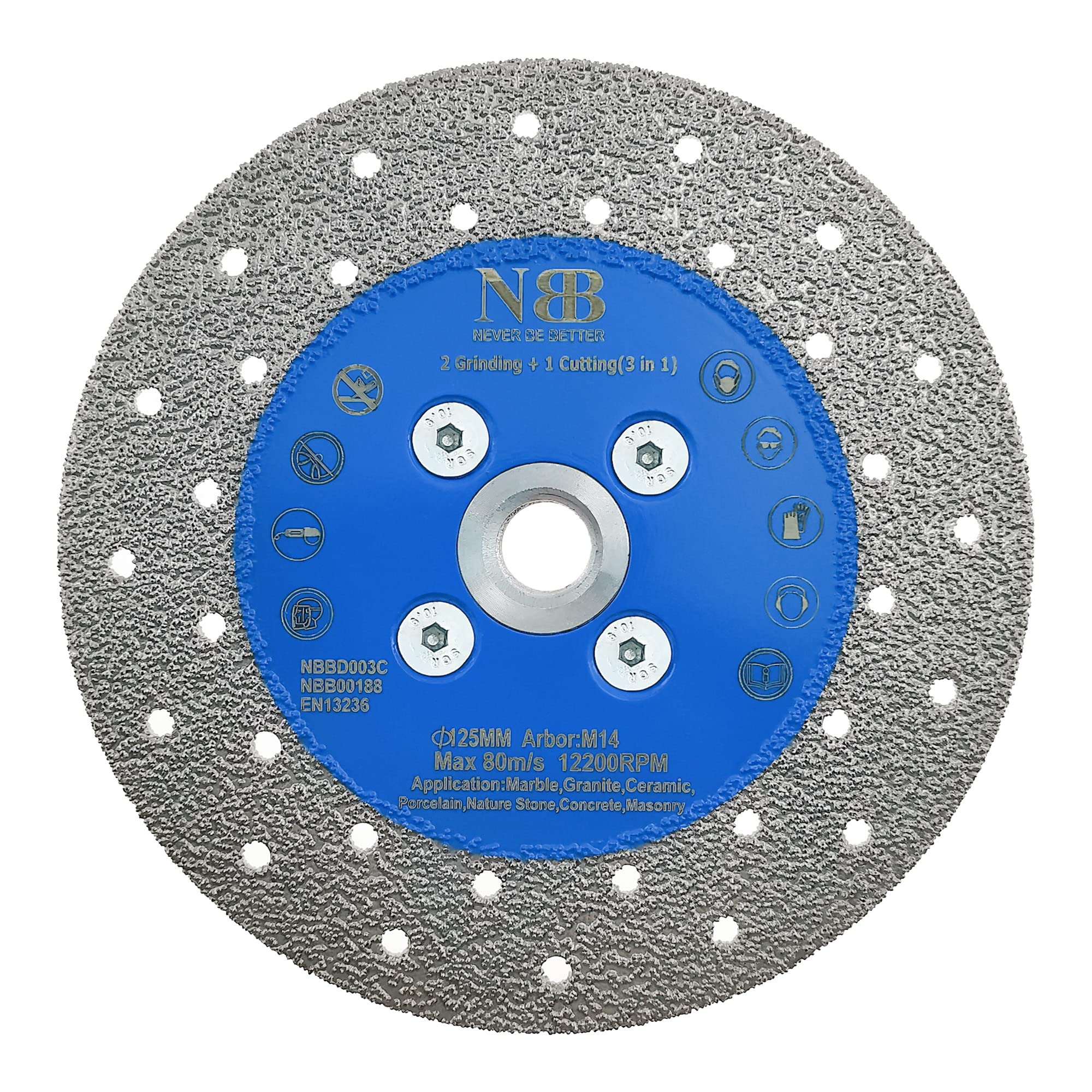 NBB Welded Diamond Disc 3 in 1 High Efficiency and Life Cutting and Polishing in Granite, Marble, Ceramic, Tiles, Porcelain, Natural Stone, Dry, M14 Arbor, Connect to Angle Grinder (1,Thick)