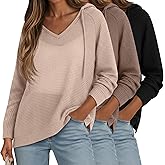 Velvelhall 3 Pack Women's Waffle Knit Lightweight Hoodies Long Sleeve V Neck Drawstring Hooded Sweaters Casual Pullovers Tops