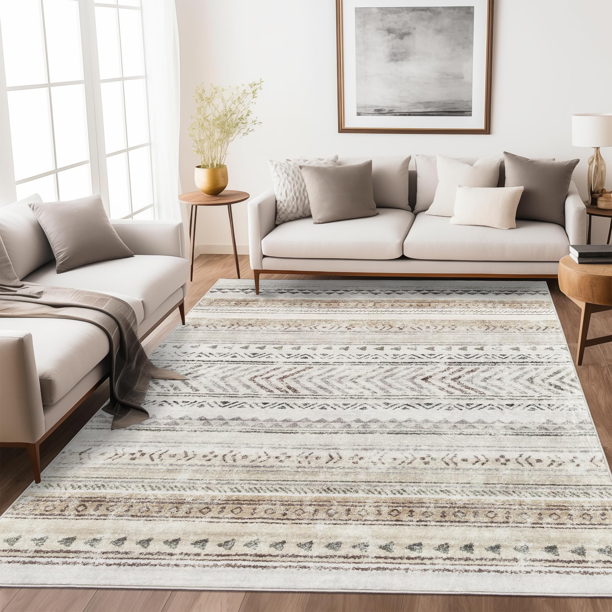 Photo 1 of Art&Tuft Area Rug 5x7, Super Soft Ultra-Thin Moroccan Washable, Anti-Slip Backing Rugs for Living Room, Foldable Geometric Machine Washable (5'x7', Brown)