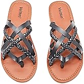 Veittes Women's Flat Slide Sandals - Casual Comfort Braided Multiple Criss Cross Braided Strap Pinstripe Flat Summer Thong Sandals