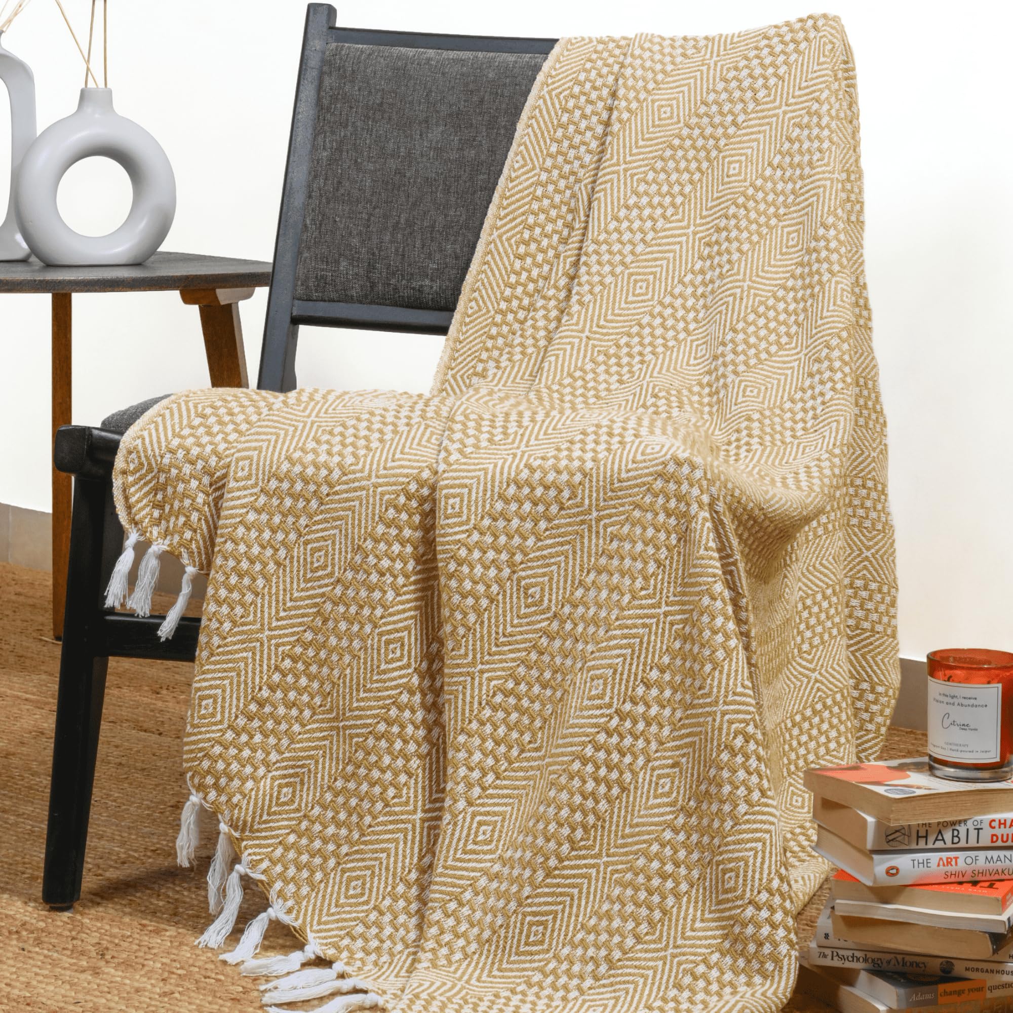 RAJRANG Reversible Throw Blankets Super Soft Cotton Geomatric Farmhouse Throws for Single Sofa Couch Bed and Arm Chair Cover - Tinsel Yellow 127 x 152 cm