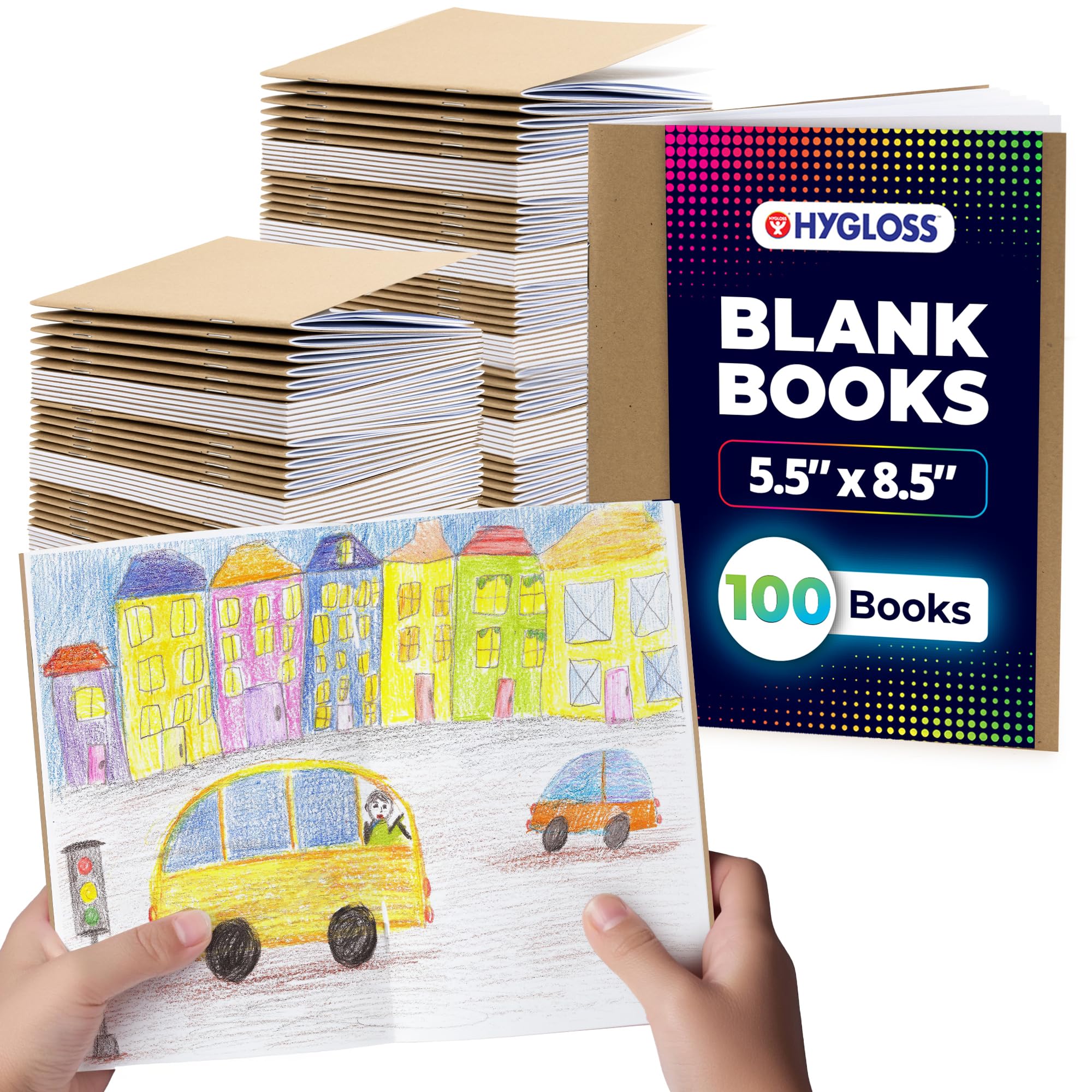 Hygloss Blank Books - Bulk 100 Pack – 5.5" x 8.5" A5 Kraft Paperback Blank Books for Kids to Write Stories, Doodle, Arts & Crafts – Plain Drawing Sketchbook, Unlined Journal, Notebook Without Lines Image
