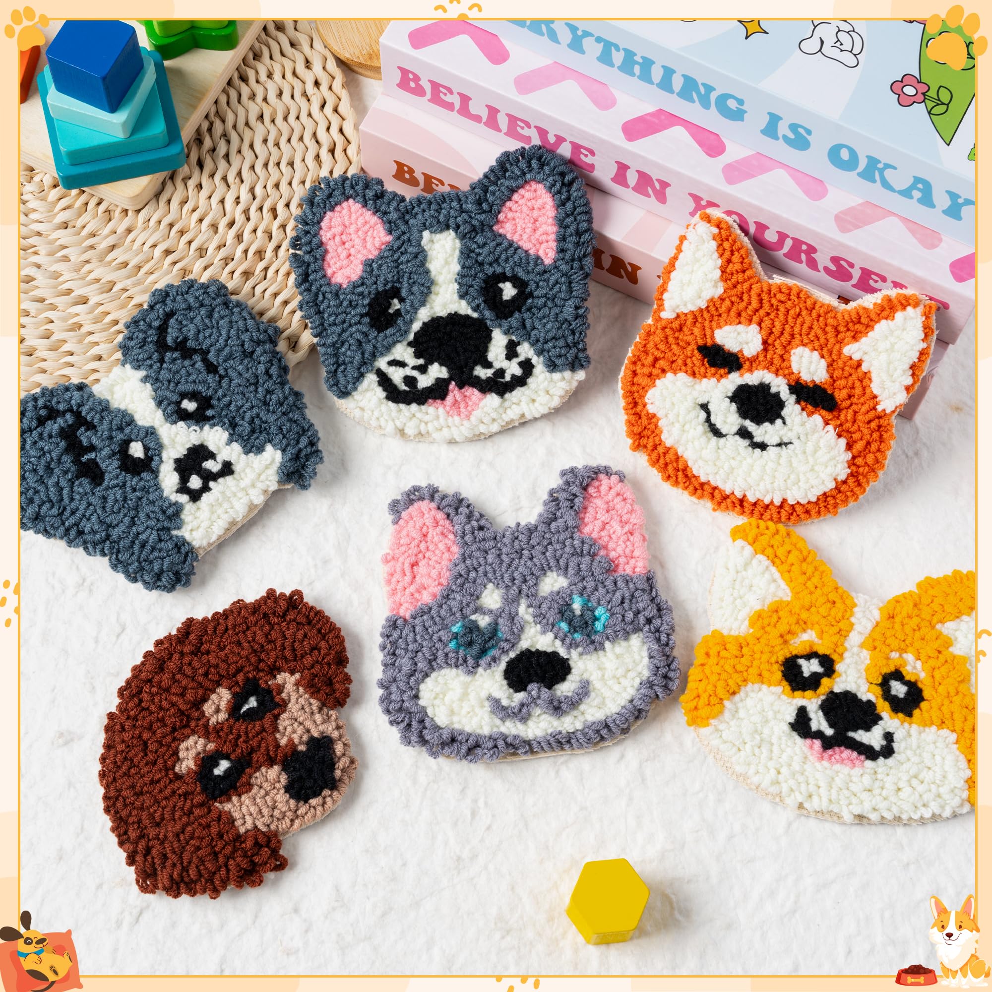 WATINC Puppy Punch Needle Coaster Kit - 6 Patterns Dog Punch Needle Embroidery Craft Kit, DIY Felting Coaster for Adults Beginners with Adhesive Yarns Fabric Felt Hoop Tools Instruction