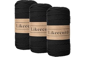 Likeecords 3 Skeins of 4mm Polyester Braided Macrame Cord 140Yard /426Feet,Elastic Yarn for Crocheting Bag Cord for DIY Crafts,Plant Hangers, Bag, and Home Decorations (Black)