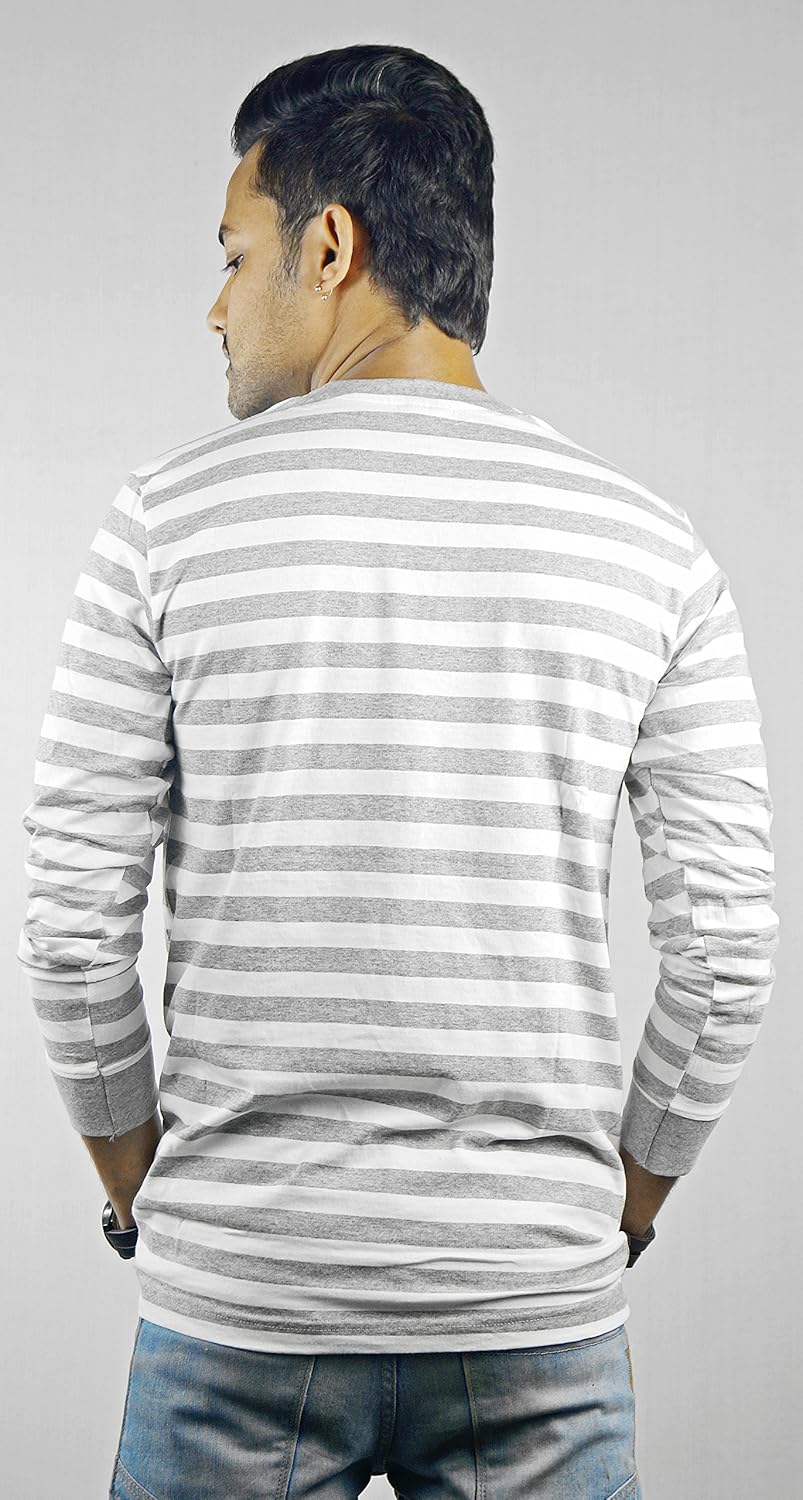 rubber tees men's white-charcoal v-neck full sleeve stripped t-shirt (white)
