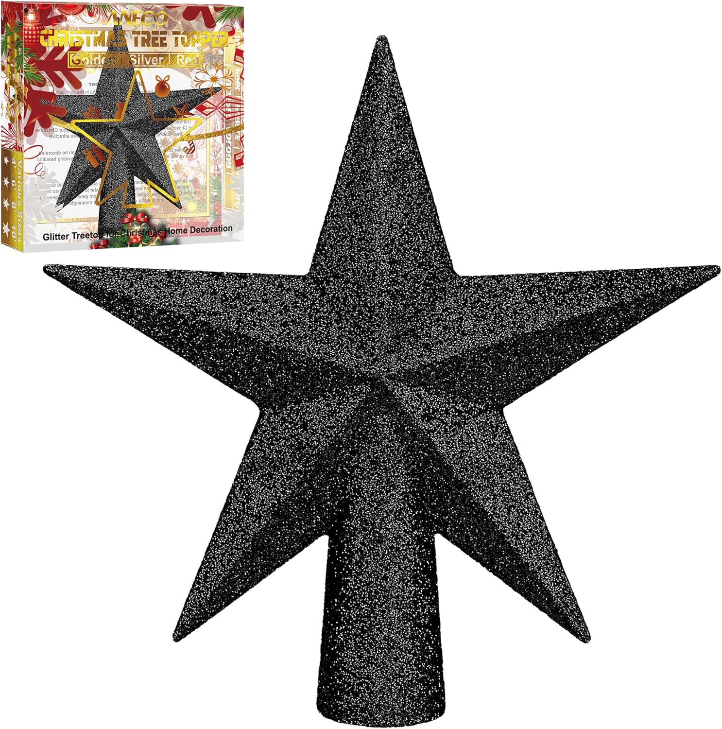 Tree Toppers - Aneco Glitter Mini Christmas Tree Topper Shatter-Proof Small Christmas Tree Decoration Treetop for Holiday Ornament or Home Decor, (Black, 6 inch)