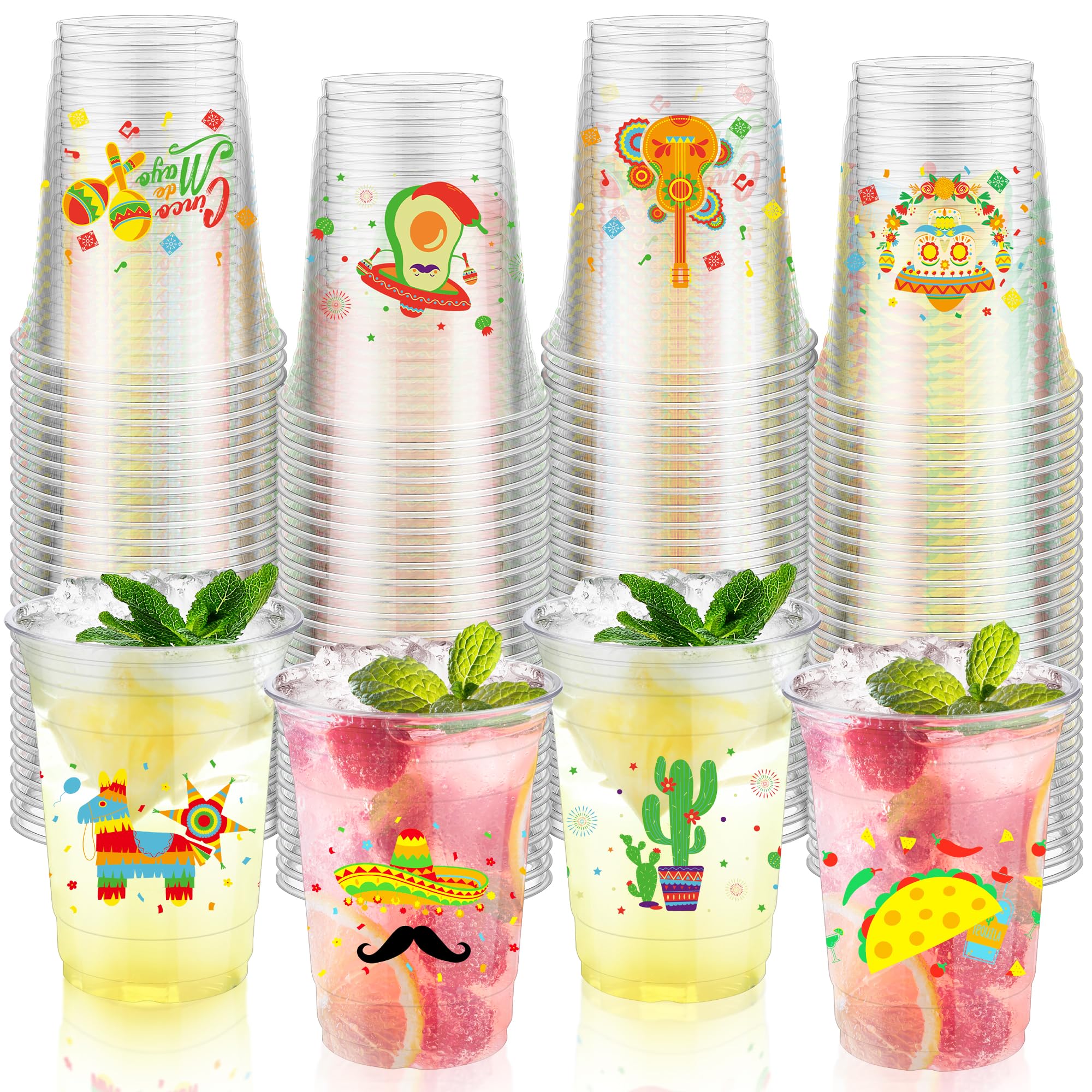 Photo 1 of Kochorie 120 Pieces 16 oz Mexican Fiesta Plastic Cups Clear Disposable Cups with Double-sided Different Patterns Cinco De Mayo Drinkware Party Supplies Fiesta Taco Birthday Decorations, 4 Styles