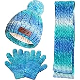 Borwada Toddler Kids Winter Hat Gloves Scarf Set for 3-8 Years, Warm Knit Boys Girls Hats Fleece Pompoms Beanies Neck Warmer
