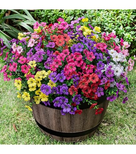 Nigirior 6 Bundles UV Resistant Artificial Flowers - Red, Rose Red, Purple, For Outdoor Planters & Garden - View #10