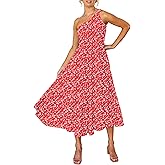 ZESICA Women's 2026 Bohemian Summer Floral Print One Shoulder Sleeveless Smocked Ruffle Tiered Beach Long Midi Dress
